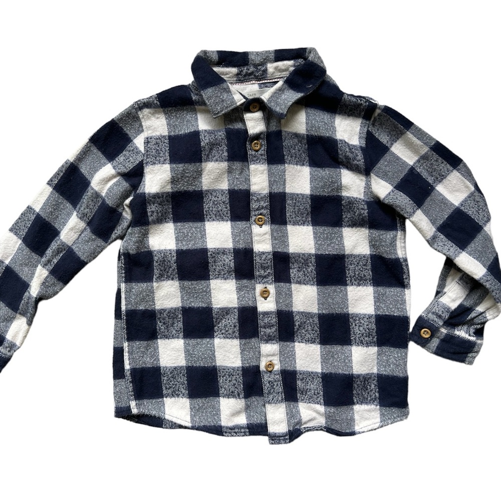 Zara Boy checkered button-up flannel blue and white print, perfect for sizes 2/3